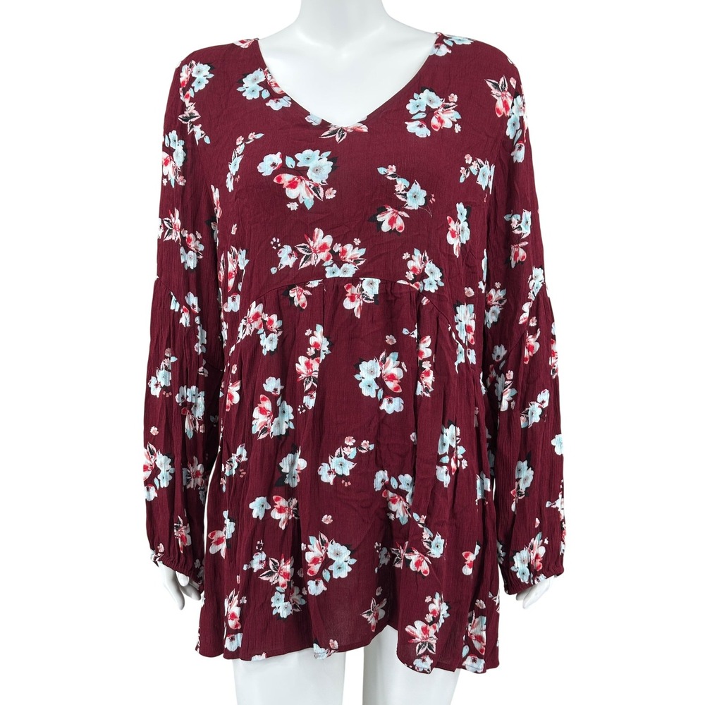 Lane Bryant Top Womens 18 20 Burgundy Floral Long Sleeve Boho Peasant Romantic